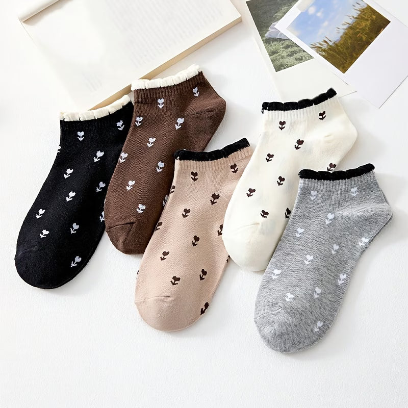 Five Pairs of Floral Ankle Socks for Women