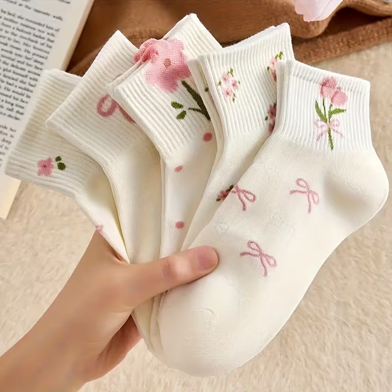 5-Pairs Women's Floral & Bow Embellished Mid-Calf Socks