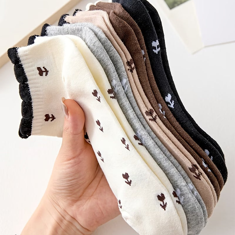 Five Pairs of Floral Ankle Socks for Women