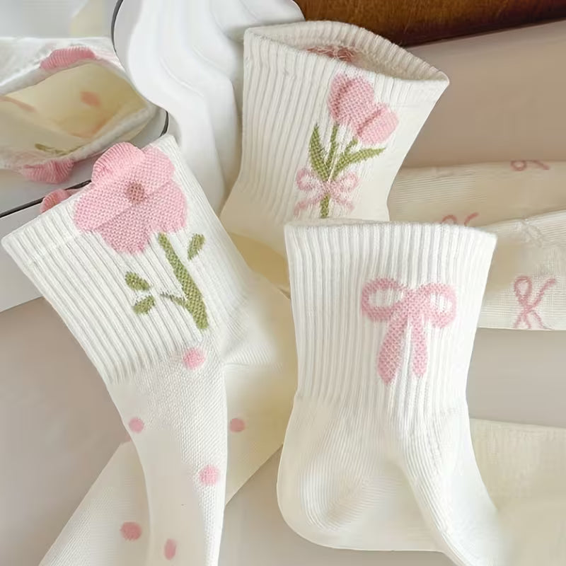 5-Pairs Women's Floral & Bow Embellished Mid-Calf Socks