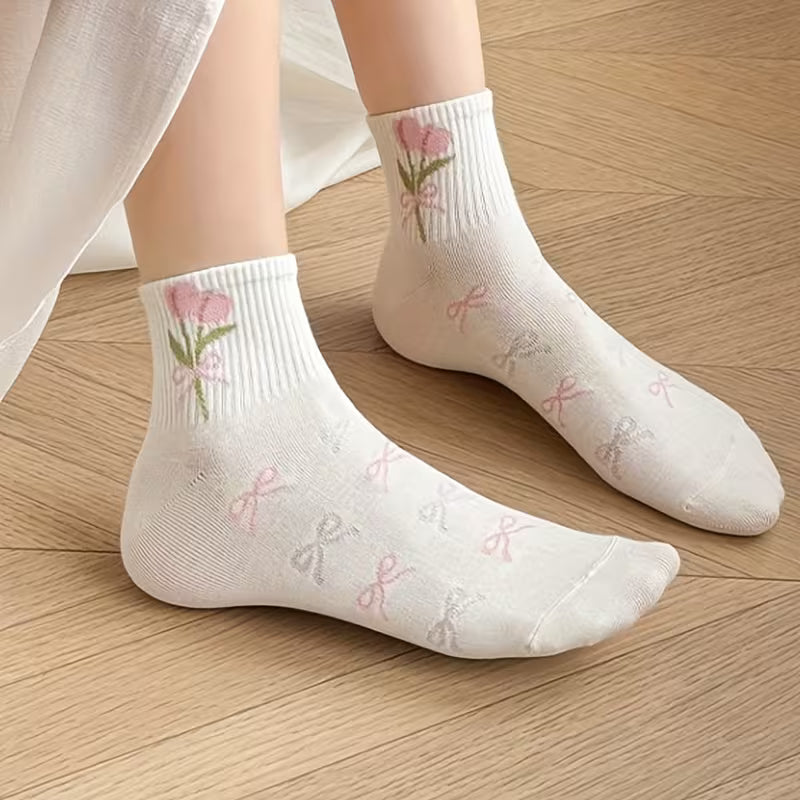 5-Pairs Women's Floral & Bow Embellished Mid-Calf Socks
