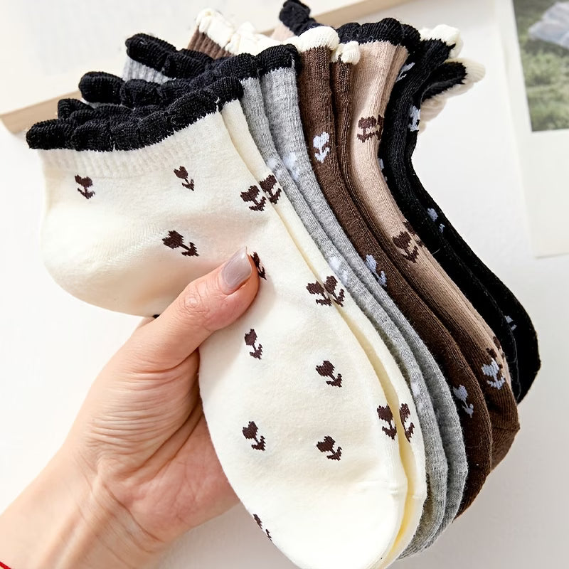 Five Pairs of Floral Ankle Socks for Women