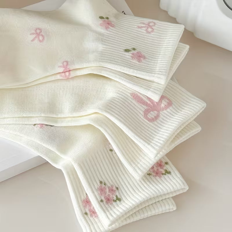5-Pairs Women's Floral & Bow Embellished Mid-Calf Socks
