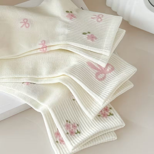 5-Pairs Women's Floral & Bow Embellished Mid-Calf Socks