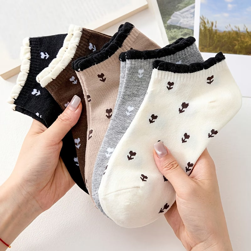 Five Pairs of Floral Ankle Socks for Women