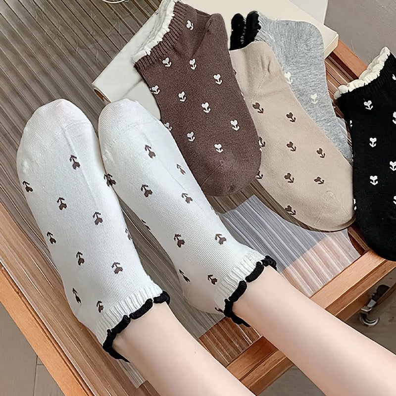 Five Pairs of Floral Ankle Socks for Women